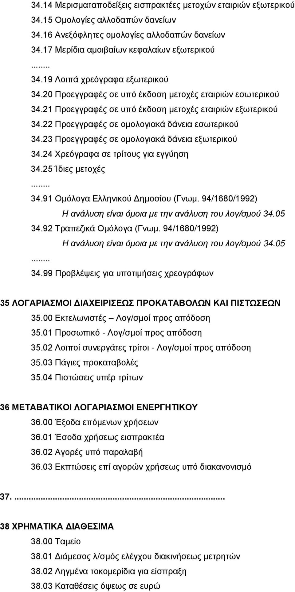 22 Προεγγραφές σε ομολογιακά δάνεια εσωτερικού 34.23 Προεγγραφές σε ομολογιακά δάνεια εξωτερικού 34.24 Χρεόγραφα σε τρίτους για εγγύηση 34.25 Ίδιες μετοχές 34.91 Ομόλογα Ελληνικού Δημοσίου (Γνωμ.