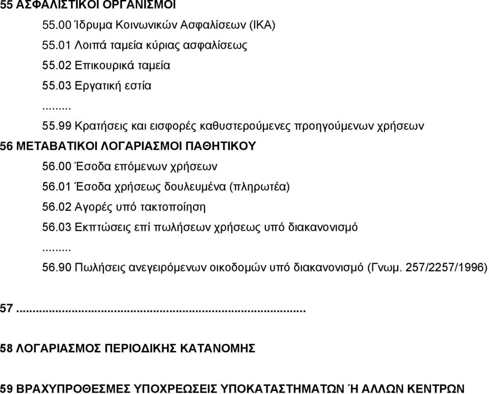 00 Έσοδα επόμενων χρήσεων 56.01 Έσοδα χρήσεως δουλευμένα (πληρωτέα) 56.02 Αγορές υπό τακτοποίηση 56.