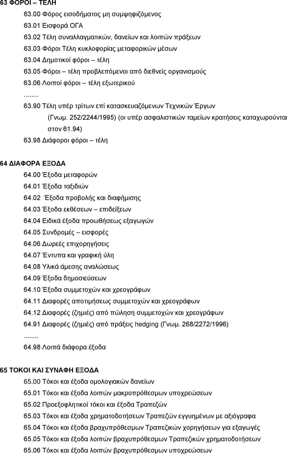 252/2244/1995) (οι υπέρ ασφαλιστικών ταμείων κρατήσεις καταχωρούνται στον 61.94) 63.98 Διάφοροι φόροι τέλη 64 ΔΙΑΦΟΡΑ ΕΞΟΔΑ 64.00 Έξοδα μεταφορών 64.01 Έξοδα ταξιδιών 64.