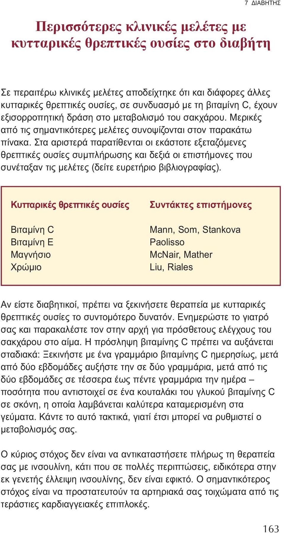 Στα αριστερά παρατίθενται οι εκάστοτε εξεταζόμενες θρεπτικές ουσίες συμπλήρωσης και δεξιά οι επιστήμονες που συνέταξαν τις μελέτες (δείτε ευρετήριο βιβλιογραφίας).