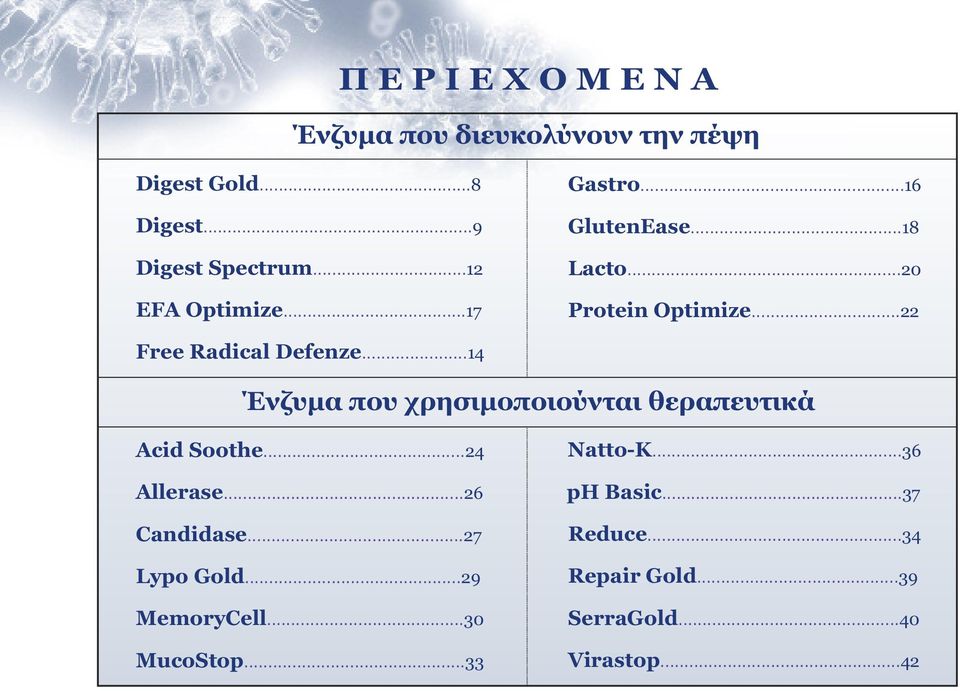 ..14 Ένζυµα που χρησιµοποιούνται θεραπευτικά Acid Soothe...24 Allerase...26 Candidase...27 Lypo Gold.
