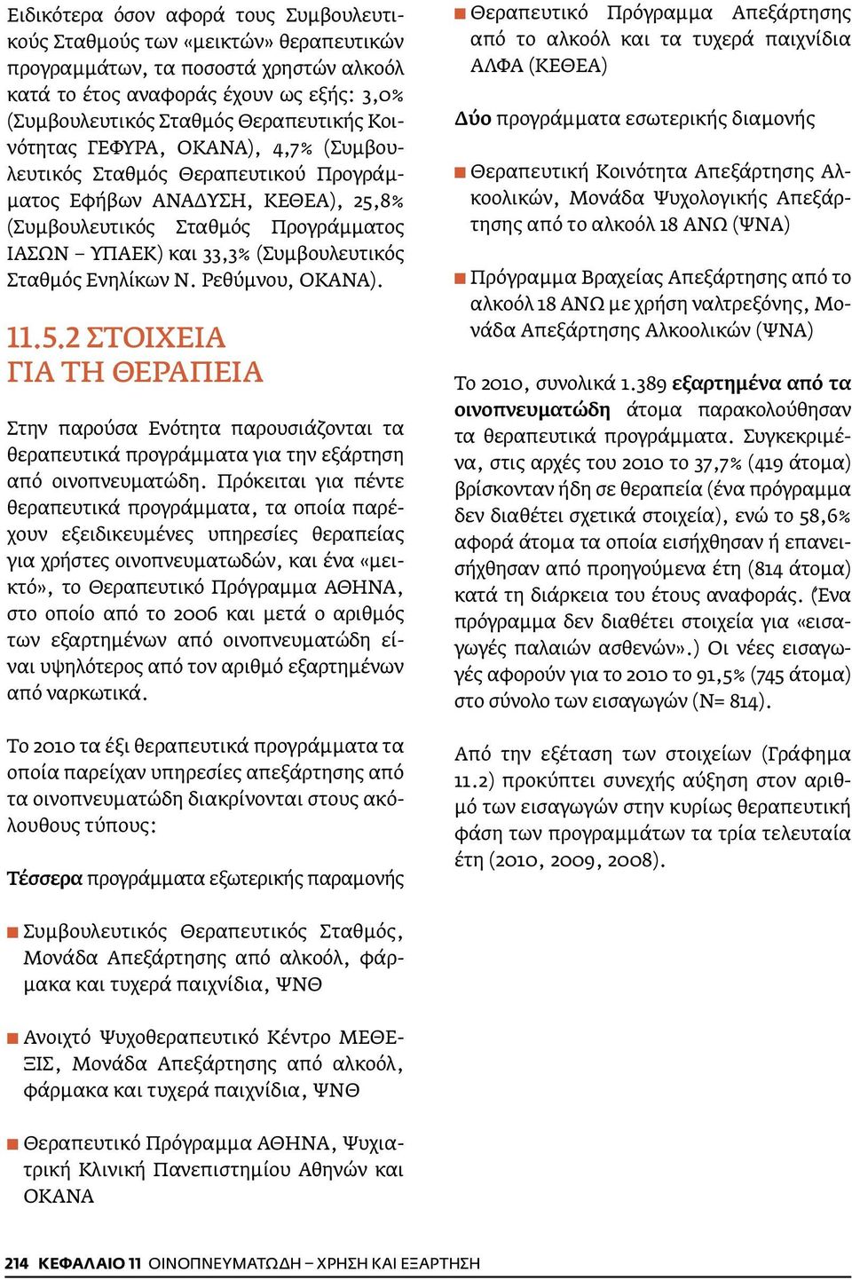 Ενηλίκων Ν. Ρεθύμνου, ΟΚΑΝΑ). 11.5.2 Στοιχεία για τη θεραπεία Στην παρούσα Ενότητα παρουσιάζονται τα θεραπευτικά προγράμματα για την εξάρτηση από οινοπνευματώδη.