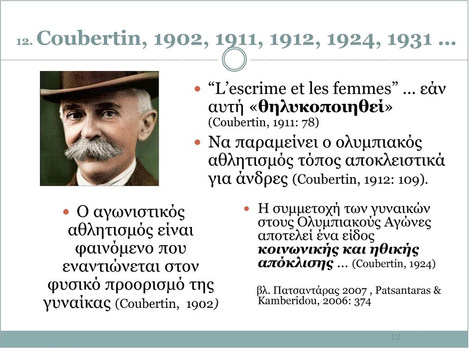 O αγωνιστικός αθλητισμός είναι φαινόμενο που εναντιώνεται στον φυσικό προορισμό της γυναίκας (Coubertin, 1902) Η συμμετοχή