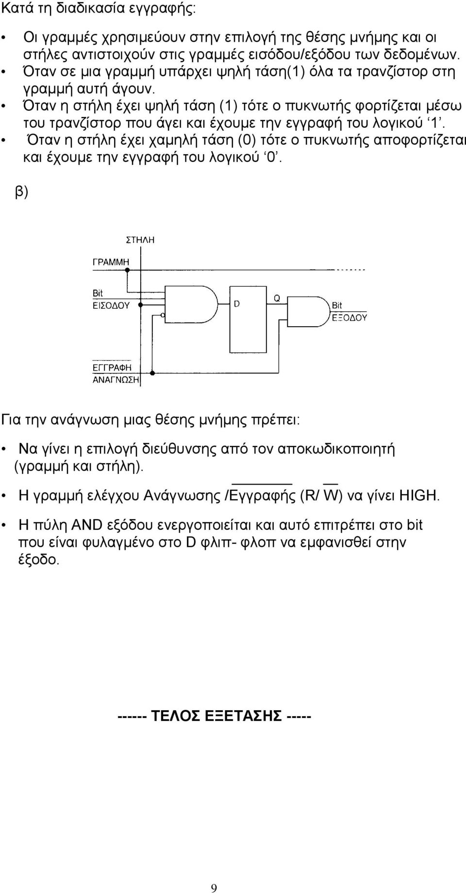 Όταν η στήλη έχει ψηλή τάση (1) τότε ο πυκνωτής φορτίζεται μέσω του τρανζίστορ που άγει και έχουμε την εγγραφή του λογικού 1.