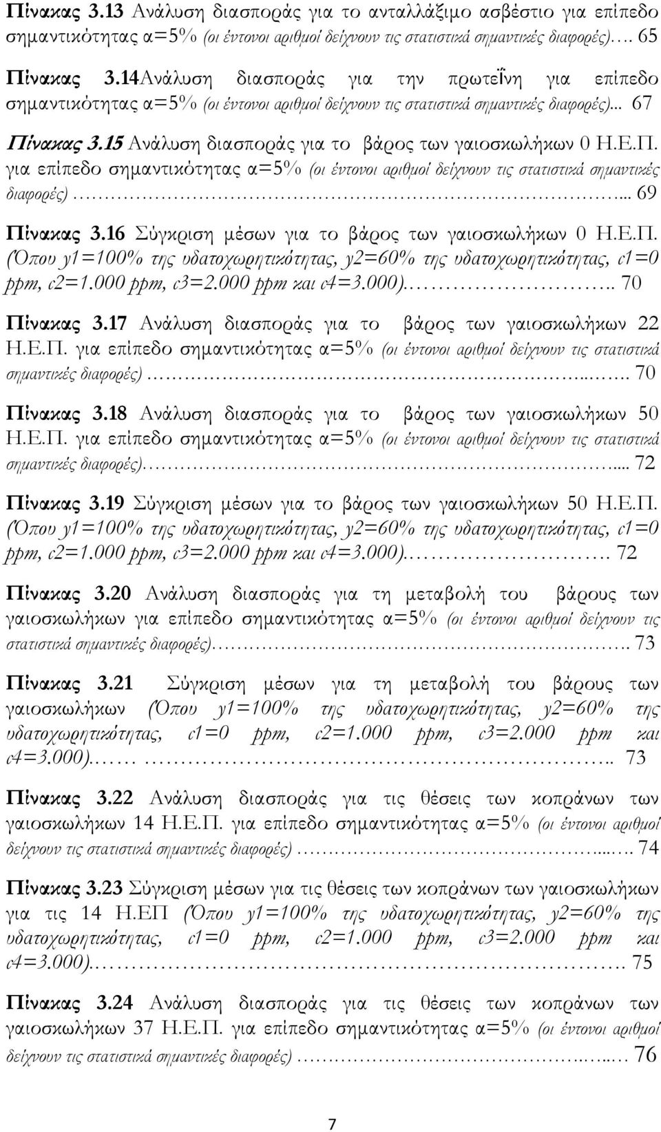 15 Ανάλυση διασποράς για το βάρος των γαιοσκωλήκων 0 Η.Ε.Π. για επίπεδο σηµαντικότητας α=5% (οι έντονοι αριθµοί δείχνουν τις στατιστικά σηµαντικές διαφορές)... 69 Πίνακας 3.