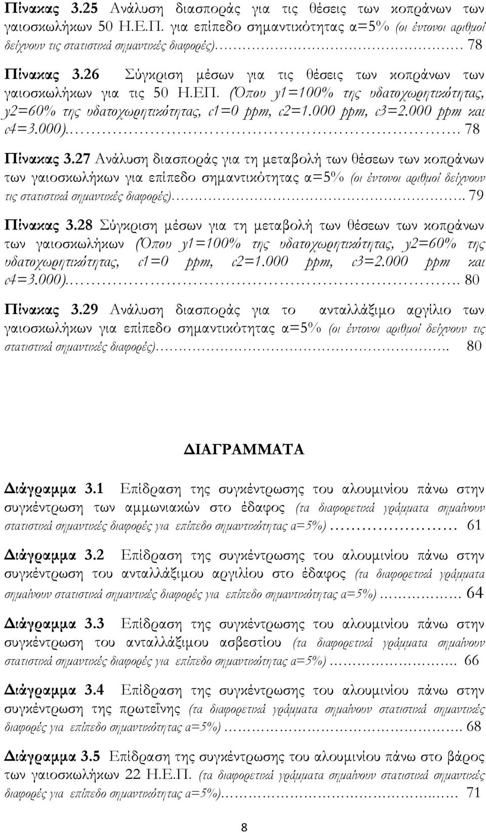 . 78 Πίνακας 3.27 Ανάλυση διασποράς για τη µεταβολή των θέσεων των κοπράνων των γαιοσκωλήκων για επίπεδο σηµαντικότητας α=5% (οι έντονοι αριθµοί δείχνουν τις στατιστικά σηµαντικές διαφορές).