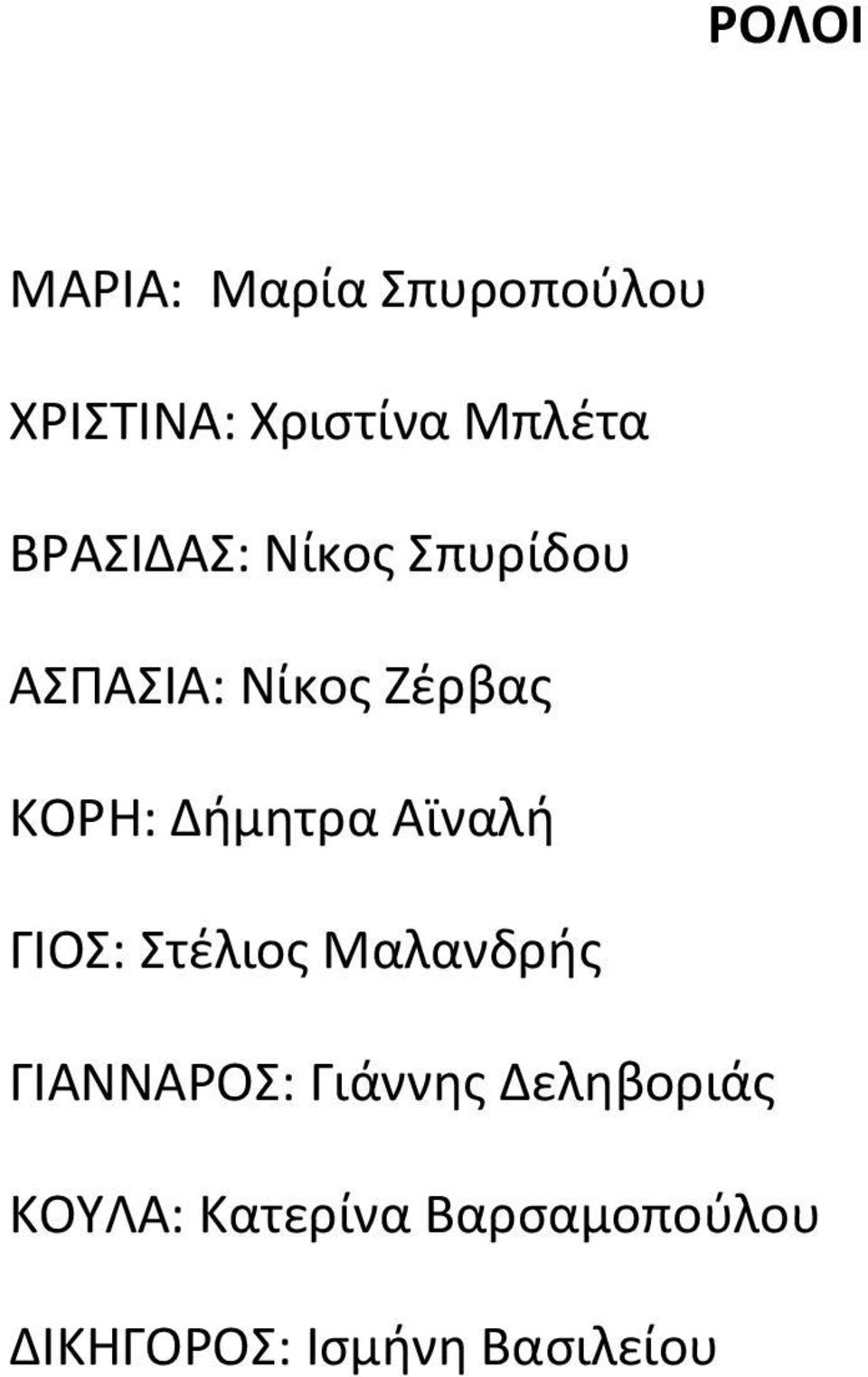 Δήμητρα Αϊναλή ΓΙΟΣ: Στέλιος Μαλανδρής ΓΙΑΝΝΑΡΟΣ: Γιάννης