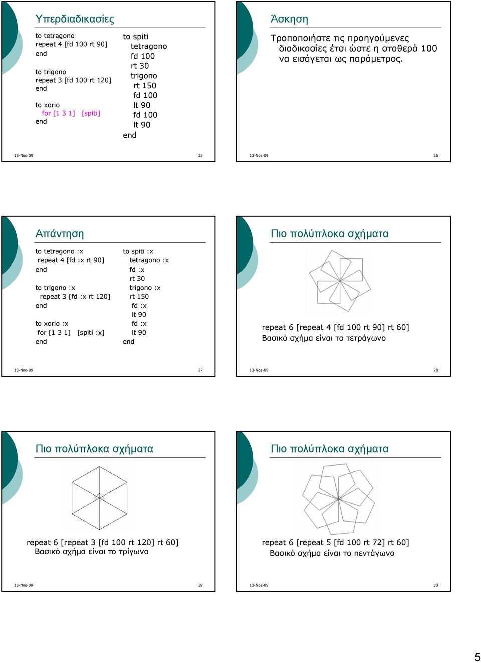 13-Νοε-09 25 13-Νοε-09 26 Απάντηση Πιο πολύπλοκα σχήματα to tetragono :x repeat 4 [fd :x rt 90] to trigono :x repeat 3 [fd :x rt 120] to xorio :x for [1 3 1] [spiti :x] to spiti :x tetragono :x