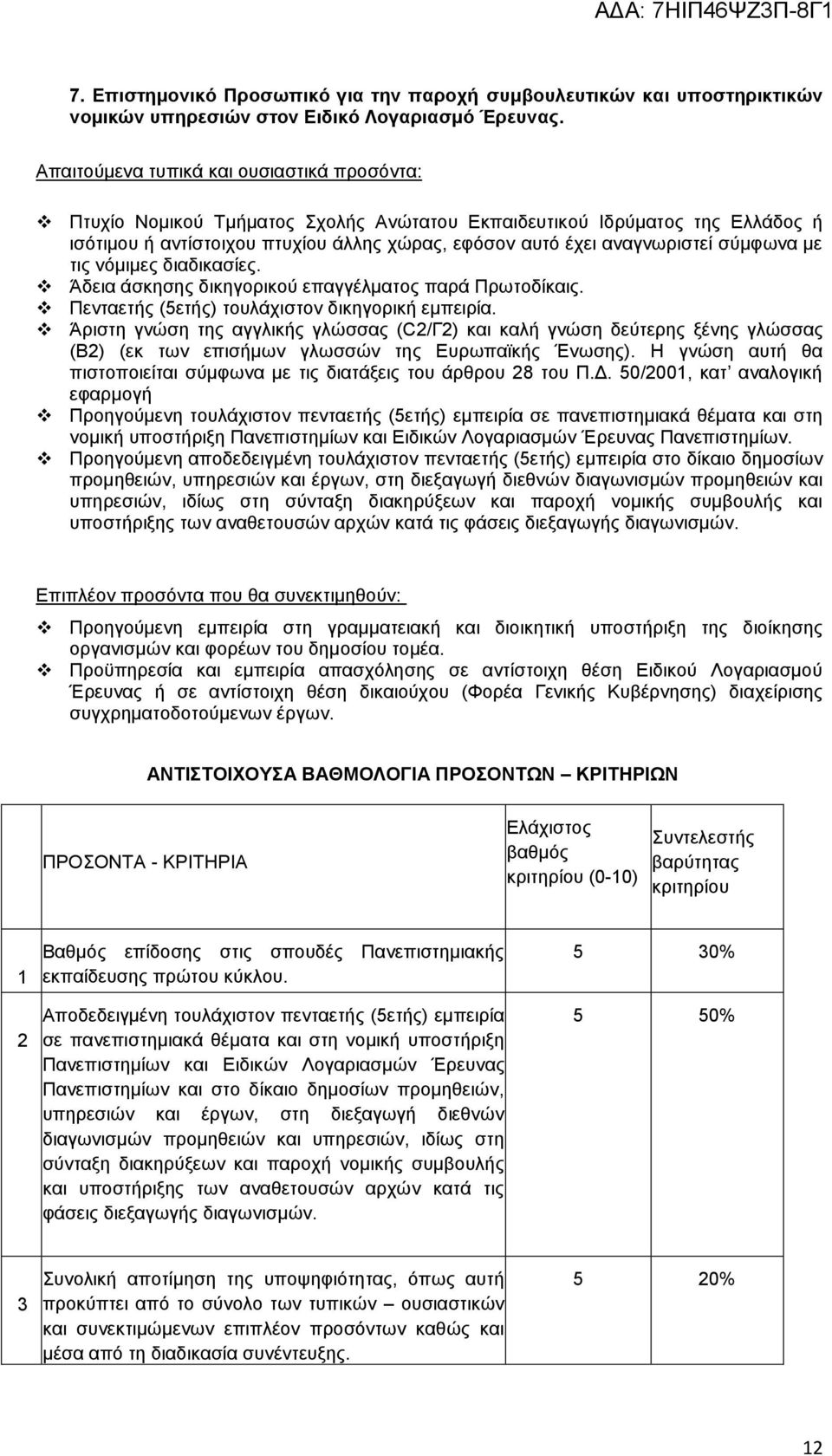 σύμφωνα με τις νόμιμες διαδικασίες. Άδεια άσκησης δικηγορικού επαγγέλματος παρά Πρωτοδίκαις. Πενταετής (5ετής) τουλάχιστον δικηγορική εμπειρία.