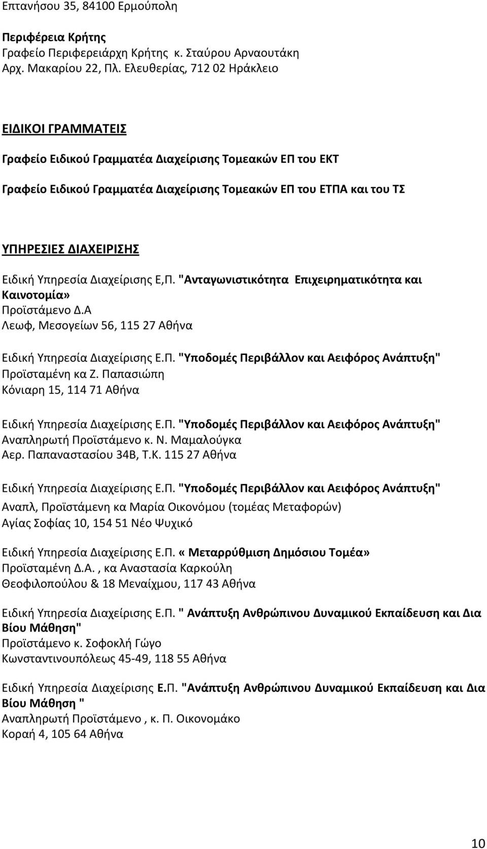 Ειδική Υπηρεσία Διαχείρισης Ε,Π. "Ανταγωνιστικότητα Επιχειρηματικότητα και Καινοτομία» Προϊστάμενο Δ.Α Λεωφ, Μεσογείων 56, 115 27 Αθήνα Ειδική Υπηρεσία Διαχείρισης Ε.Π. "Υποδομές Περιβάλλον και Αειφόρος Ανάπτυξη" Προϊσταμένη κα Ζ.