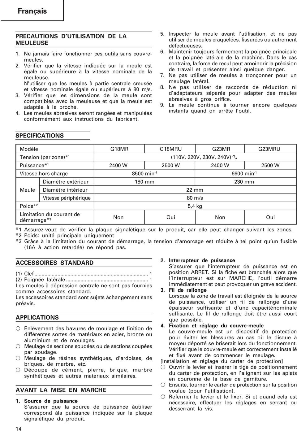 Vrifier que les dimensions de la meule sont compatibles avec la meuleuse et que la meule est adapte la broche. 4.