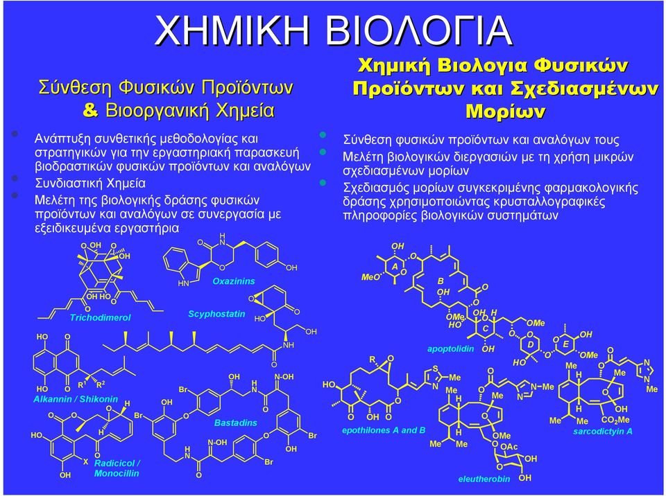 xazinins - Bastadins Br - Br Χηµική Βιολογια Φυσικών Προϊόντων και Σχεδιασµένων Μορίων Σύνθεση φυσικών προϊόντων και αναλόγων τους Μελέτη βιολογικών διεργασιών µε τηχρήσηµικρών σχεδιασµένων µορίων
