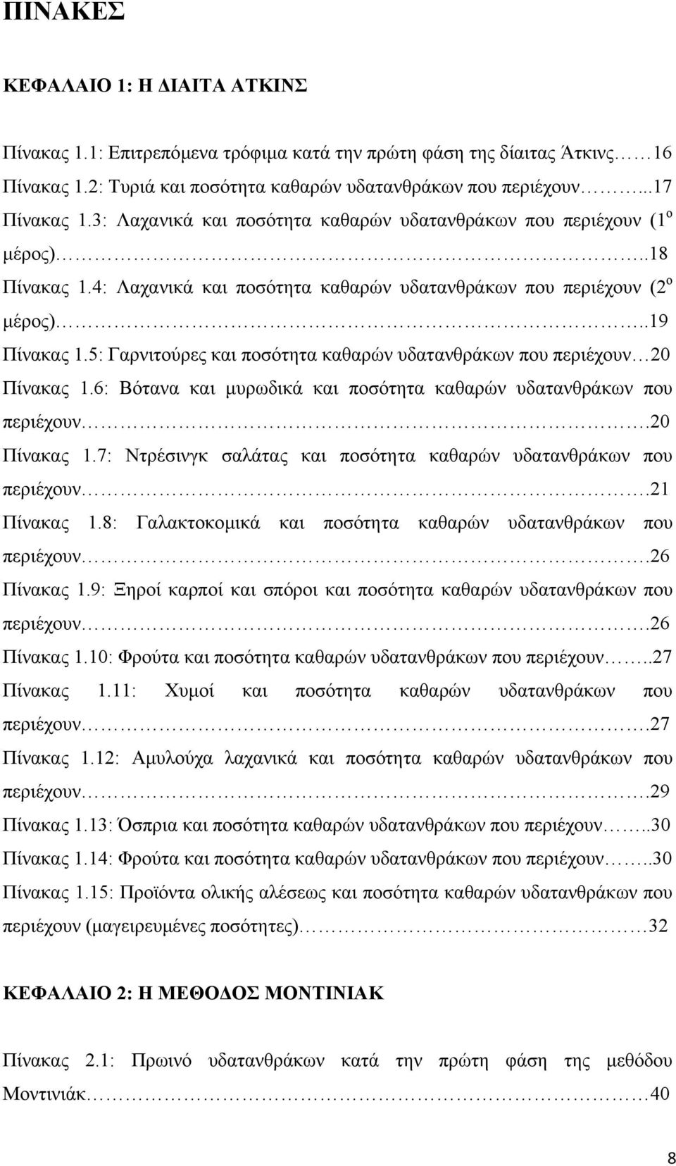 5: Γαρνιτούρες και ποσότητα καθαρών υδατανθράκων που περιέχουν 20 Πίνακας 1.6: Βότανα και µυρωδικά και ποσότητα καθαρών υδατανθράκων που περιέχουν.20 Πίνακας 1.7: Ντρέσινγκ σαλάτας και ποσότητα καθαρών υδατανθράκων που περιέχουν.