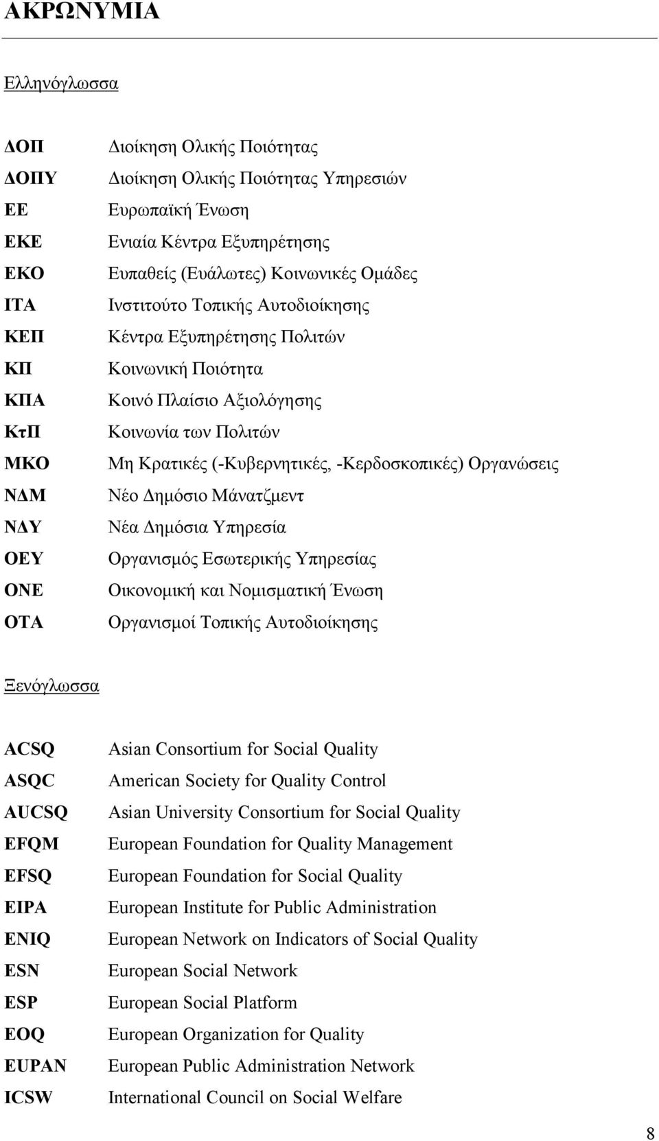 Οργανώσεις Νέο Δημόσιο Μάνατζμεντ Νέα Δημόσια Υπηρεσία Οργανισμός Εσωτερικής Υπηρεσίας Οικονομική και Νομισματική Ένωση Οργανισμοί Τοπικής Αυτοδιοίκησης Ξενόγλωσσα ACSQ ASQC AUCSQ EFQM EFSQ EIPA ENIQ