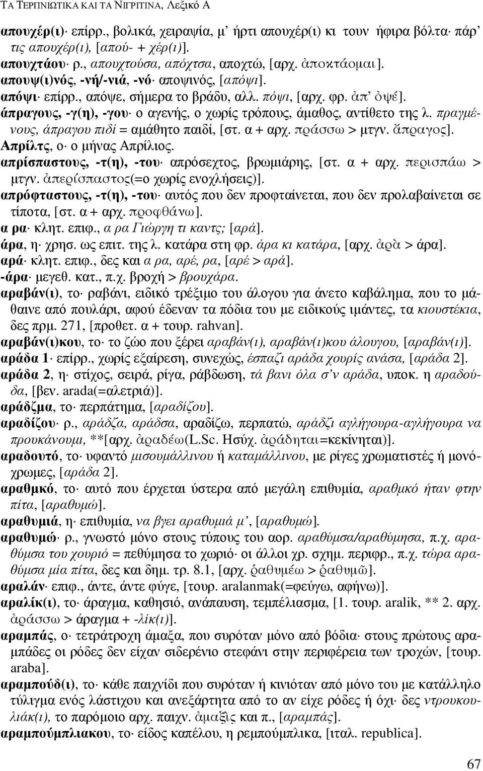 άπραγους, -γ(η), -γου ο αγενής, ο χωρίς τρόπους, άµαθος, αντίθετο της λ. πραγµένους, άπραγου πιδί = αµάθητο παιδί, [στ. α + αρχ. πράσσω > µτγν. πραγος]. Απρίλτς, ο ο µήνας Απρίλιος.