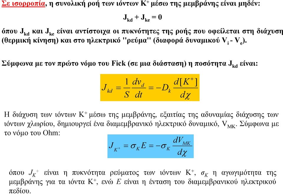 Σύμφωνα με τον πρώτο νόμο του Fick (σε μια διάσταση) η ποσότητα J kd είναι: J kd = 1 S dv dt d = D k + d[ K ] dχ Η διάχυση των ιόντων Κ + μέσω της μεμβράνης, εξαιτίας της αδυναμίας