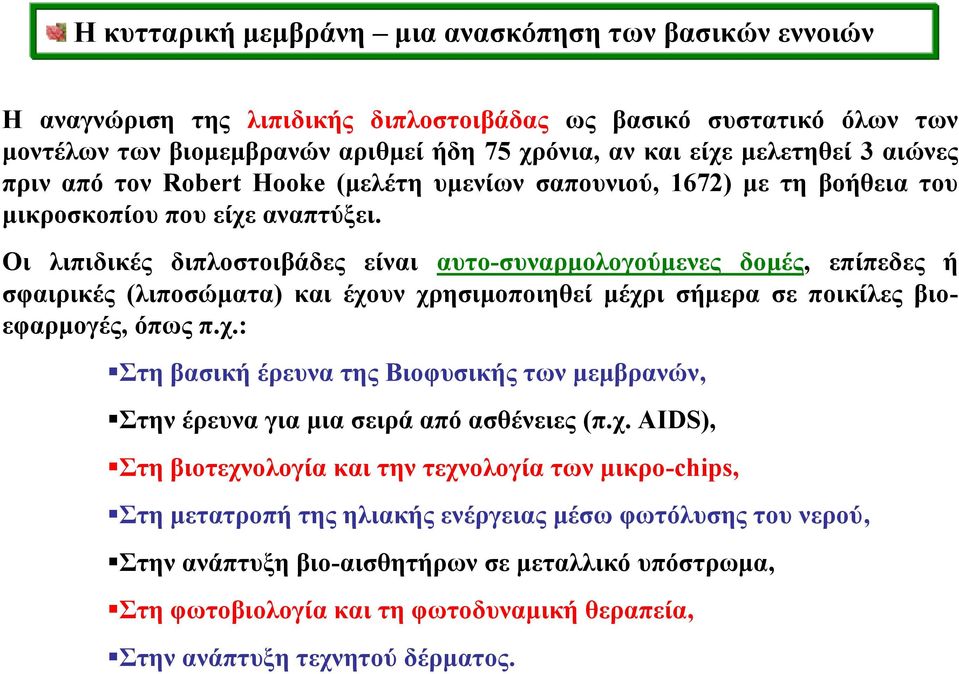 Οι λιπιδικές διπλοστοιβάδες είναι αυτο-συναρμολογούμενες δομές, επίπεδες ή σφαιρικές (λιποσώματα) και έχουν χρησιμοποιηθεί μέχρι σήμερα σε ποικίλες βιοεφαρμογές, όπως π.χ.: Στη βασική έρευνα της Βιοφυσικής των μεμβρανών, Στην έρευνα για μια σειρά από ασθένειες (π.