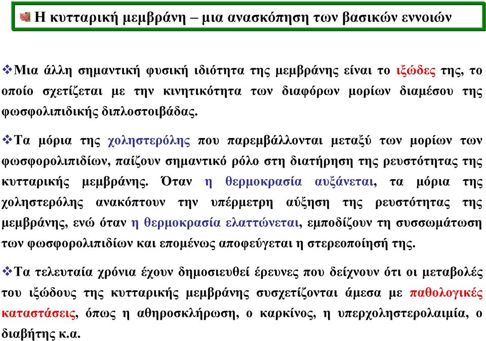 Όταν η θερμοκρασία αυξάνεται, τα μόρια της χοληστερόλης ανακόπτουν την υπέρμετρη αύξηση της ρευστότητας της μεμβράνης, ενώ όταν η θερμοκρασία ελαττώνεται, εμποδίζουν τη συσσωμάτωση των