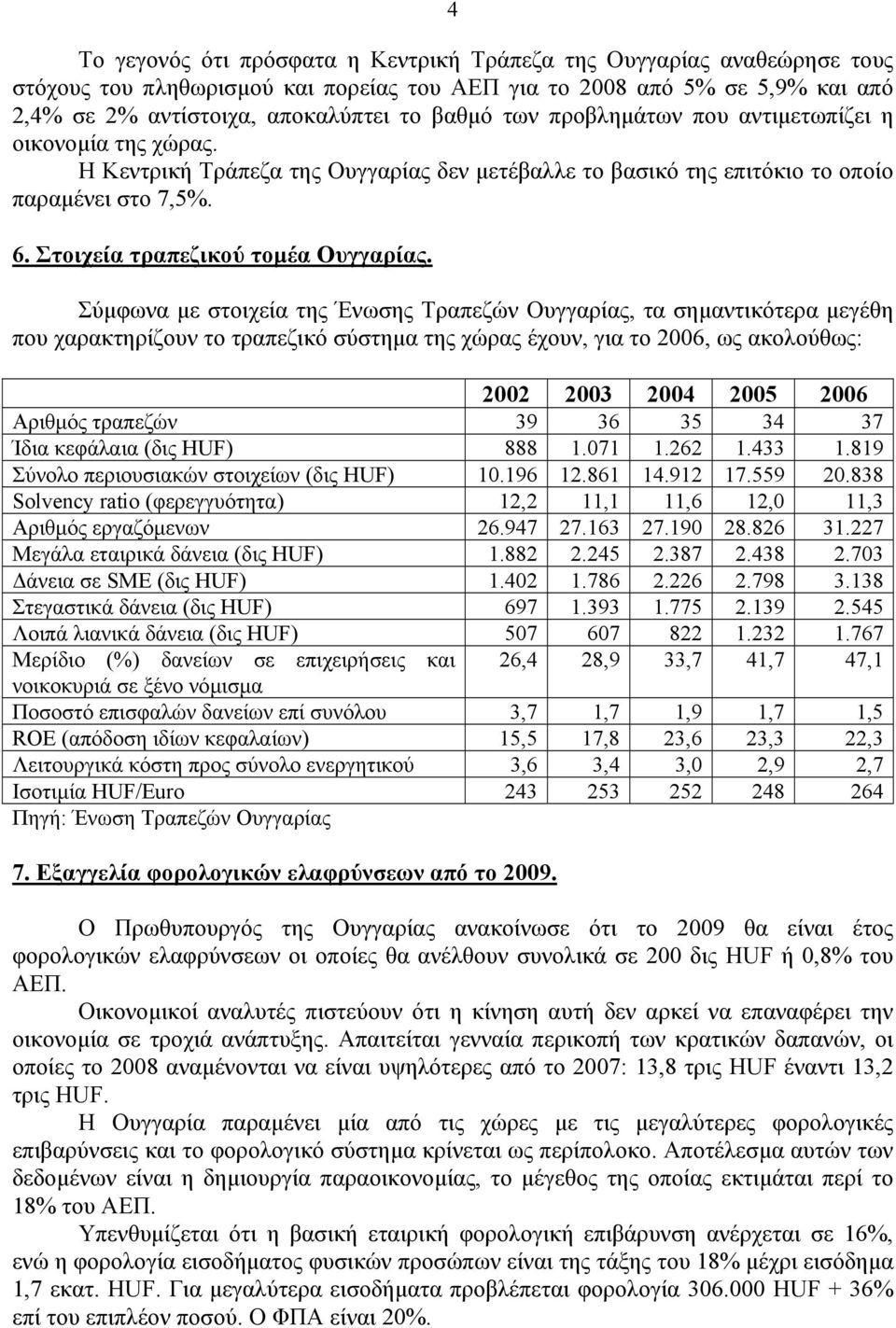 Σύµφωνα µε στοιχεία της Ένωσης Τραπεζών Ουγγαρίας, τα σηµαντικότερα µεγέθη που χαρακτηρίζουν το τραπεζικό σύστηµα της χώρας έχουν, για το 2006, ως ακολούθως: 2002 2003 2004 2005 2006 Αριθµός τραπεζών