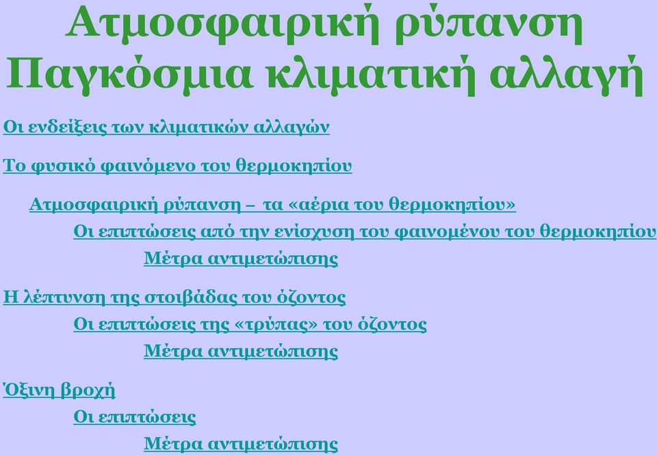 ενίσχυση του φαινομένου του θερμοκηπίου Μέτρα αντιμετώπισης Η λέπτυνση της στοιβάδας του όζοντος