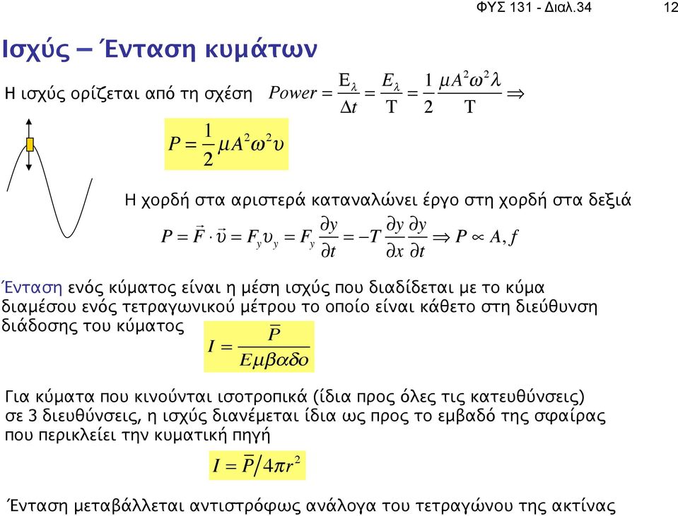 r 2 = $T #y #x #y #t % P & A, f Ένταση ενός κύματος είναι η μέση ισχύς που διαδίδεται με το κύμα διαμέσου ενός τετραγωνικού μέτρου το οποίο είναι κάθετο στη διεύθυνση