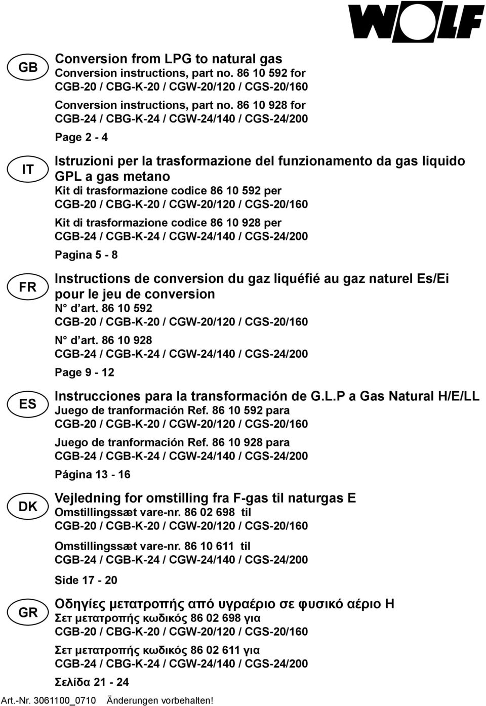 / CBG-K-20 / CGW-20/120 / CGS-20/160 Kit di trasformazione codice 86 10 928 per CGB-24 / CGB-K-24 / CGW-24/140 / CGS-24/200 Pagina 5-8 Instructions de conversion du gaz liquéfié au gaz naturel Es/Ei