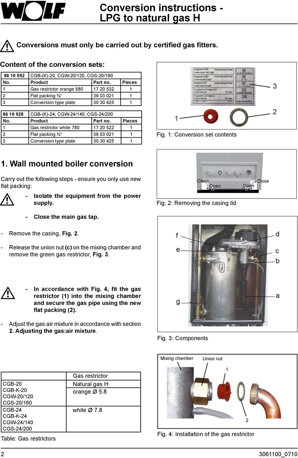 Pieces 1 Gas restrictor white 780 17 20 522 1 2 Flat packing ¾ 39 03 021 1 3 Conversion type plate 30 30 425 1 1 Fig. 1: Conversion set contents 3 2 1.