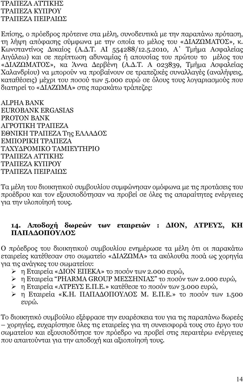 000 ευρώ σε όλους τους λογαριασμούς που διατηρεί το «ΔΙΑΖΩΜΑ» στις παρακάτω τράπεζες: ALPHA BANK EUROBANK ERGASIAS PROTON BANK ΑΓΡΟΤΙΚΗ ΤΡΑΠΕΖΑ ΕΘΝΙΚΗ ΤΡΑΠΕΖΑ Της ΕΛΛΑΔΟΣ ΕΜΠΟΡΙΚΗ ΤΡΑΠΕΖΑ ΤΑΧΥΔΡΟΜΙΚΟ