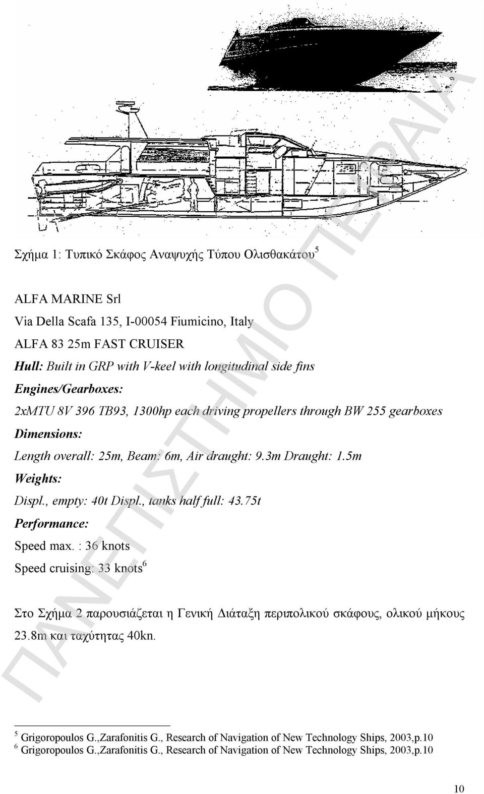 , empty: 40t Displ., tanks half full: 43.75t Performance: Speed max. : 36 knots Speed cruising: 33 knots 6 Στο Σχήμα 2 παρουσιάζεται η Γενική Διάταξη περιπολικού σκάφους, ολικού μήκους 23.