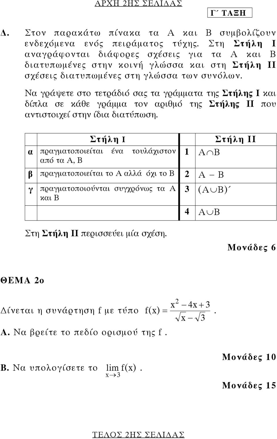 Να γράψετε στο τετράδιό σας τα γράµµατα της Στήλης Ι και δίπλα σε κάθε γράµµα τον αριθµό της Στήλης ΙΙ που αντιστοιχεί στην ίδια διατύπωση.