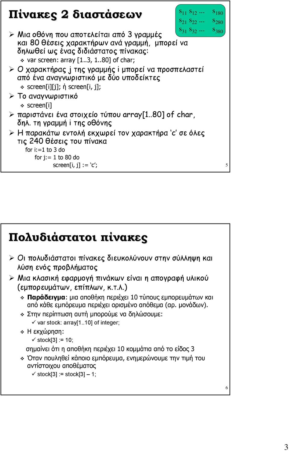 Ο χαρακτήρας j της γραμμής i μπορεί να προσπελαστεί από ένα αναγνωριστικό με δύο υποδείκτες " screen[i][j]; ή screen[i, j];! Το αναγνωριστικό " screen[i]! παριστάνει ένα στοιχείο τύπου array[1.