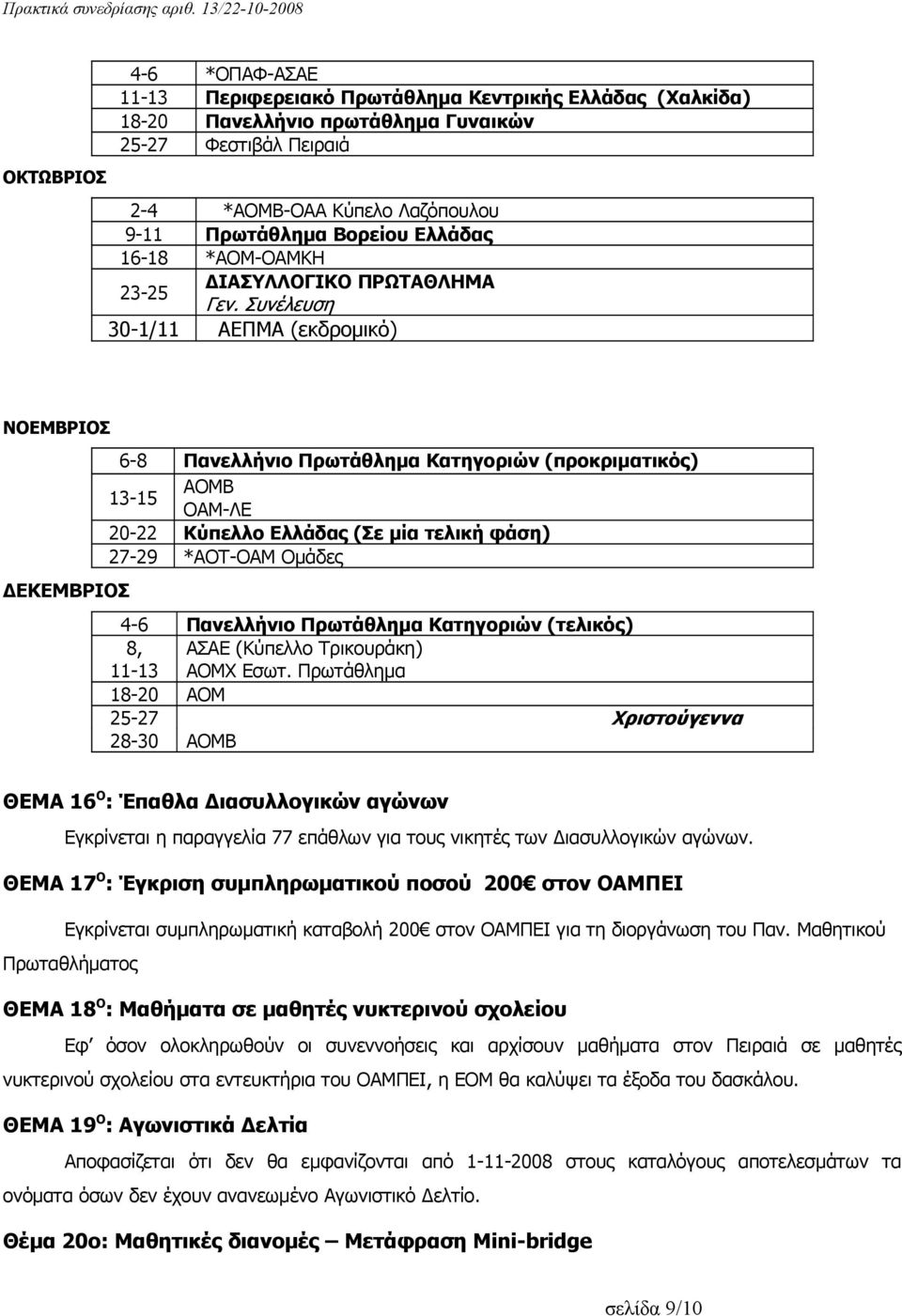 Συνέλευση 30-1/11 ΑΕΠΜΑ (εκδρομικό) ΝΟΕΜΒΡΙΟΣ ΔΕΚΕΜΒΡΙΟΣ 6-8 Πανελλήνιο Πρωτάθλημα Κατηγοριών (προκριματικός) 13-15 ΑΟΜΒ ΟΑΜ-ΛΕ 20-22 Κύπελλο Ελλάδας (Σε μία τελική φάση) 27-29 *ΑΟΤ-ΟΑΜ Ομάδες 4-6