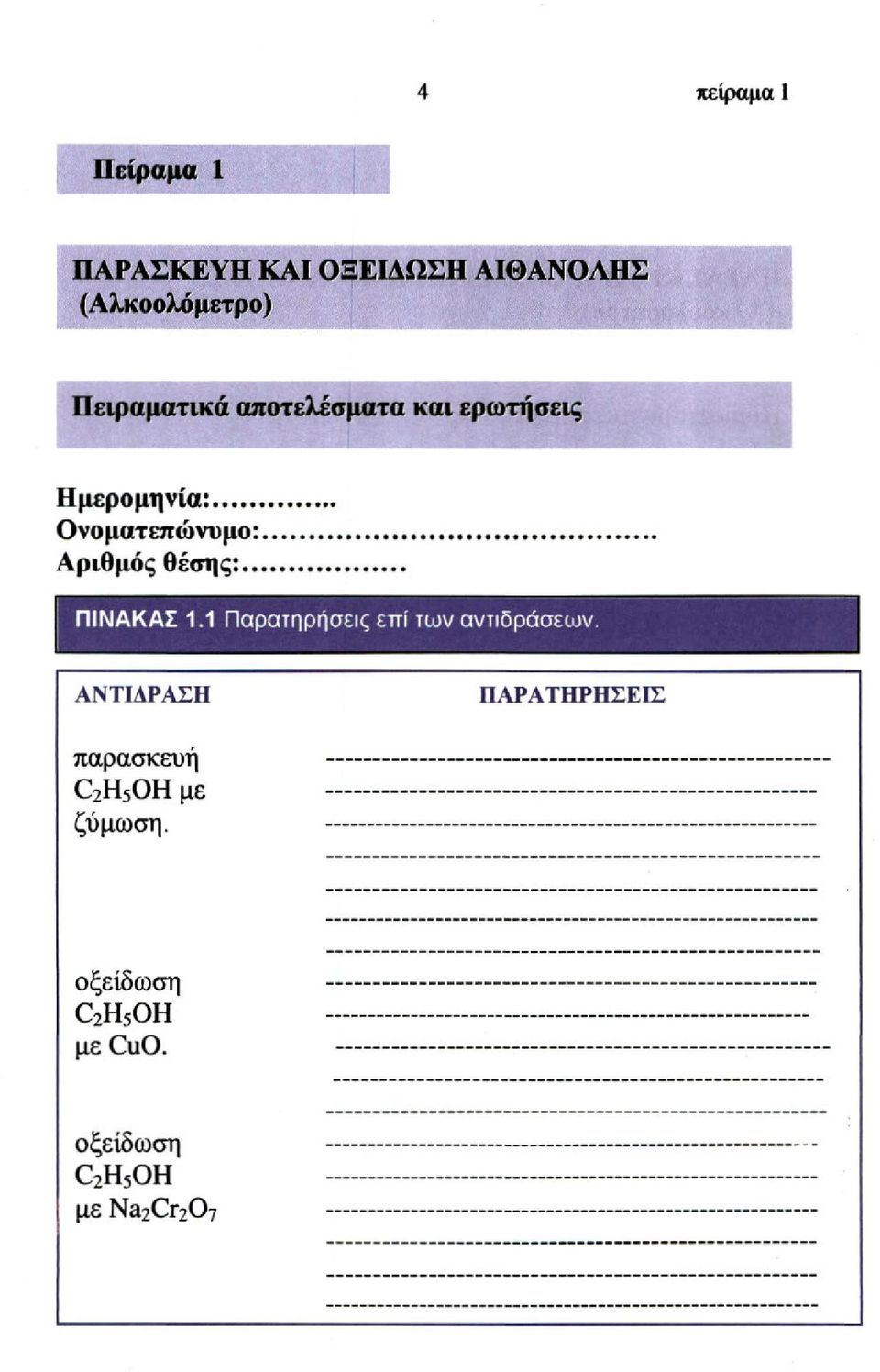 Αριθμός θέσης:... ΠΙΝΑΚΑΣ 1.1 Παρατηρήσεις εττί των αντιδράσεων.