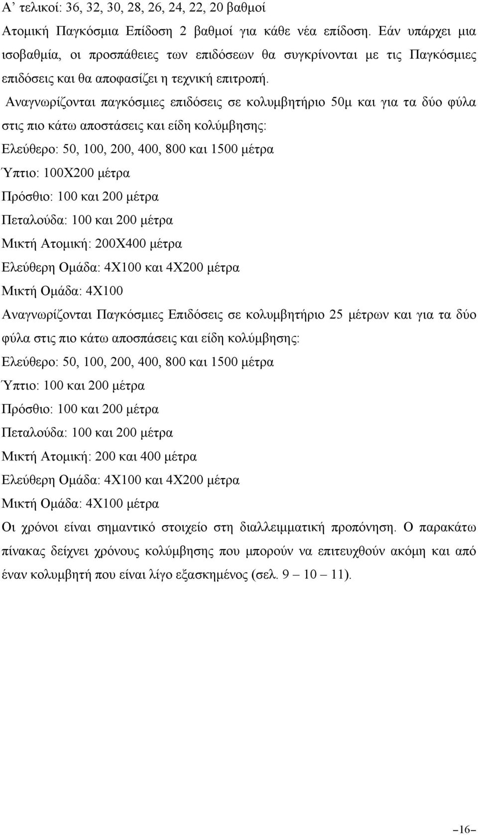 Αναγνωρίζονται παγκόσµιες επιδόσεις σε κολυµβητήριο 50µ και για τα δύο φύλα στις πιο κάτω αποστάσεις και είδη κολύµβησης: Ελεύθερο: 50, 100, 200, 400, 800 και 1500 µέτρα Ύπτιο: 100Χ200 µέτρα Πρόσθιο: