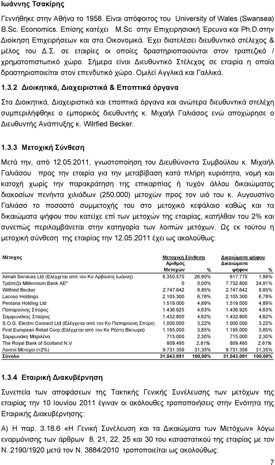 Σήμερα είναι Διευθυντικό Στέλεχος σε εταιρία η οποία δραστηριοποιείται στον επενδυτικό χώρο. Ομιλεί Αγγλικά και Γαλλικά. 1.3.