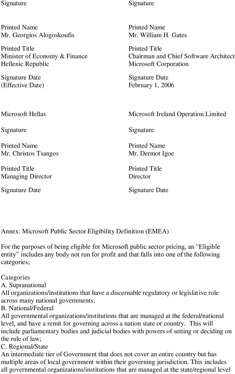 Christos Tsangos Printed Title Managing Director Signature Date Microsoft Ireland Operation Limited Signature Printed Name Mr.