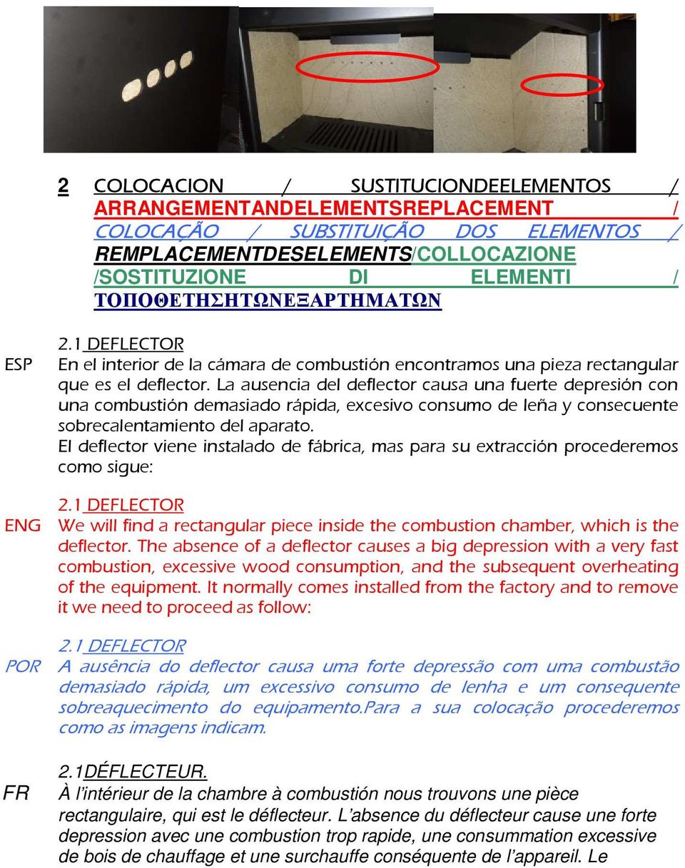 La ausencia del deflector causa una fuerte depresión con una combustión demasiado rápida, excesivo consumo de leña y consecuente sobrecalentamiento del aparato.