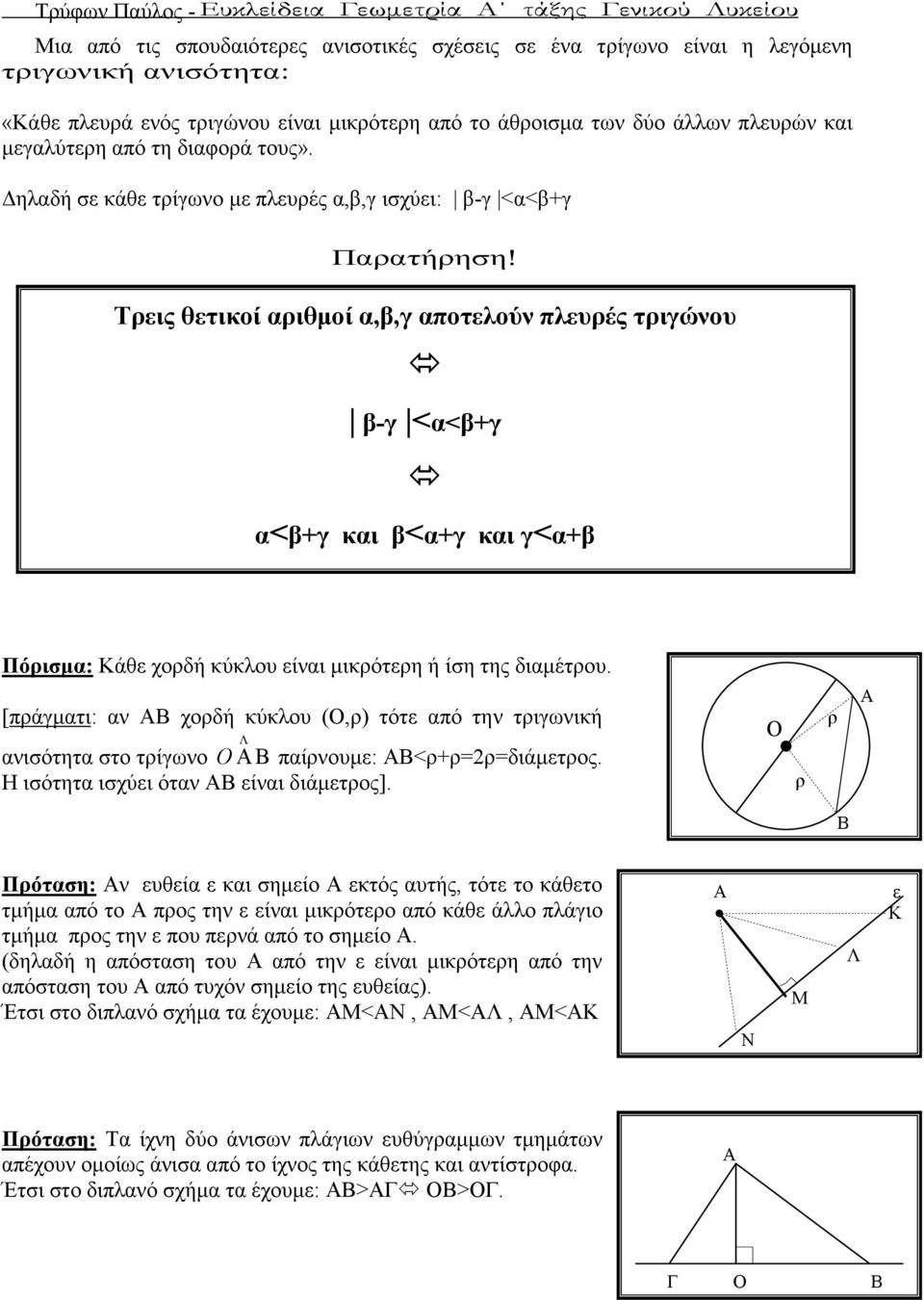 Τρεις θετικοί αριθµοί α,β,γ αποτελούν πλευρές τριγώνου β-γ <α<β+γ α<β+γ και β<α+γ και γ<α+β Πόρισµα: Κάθε χορδή κύκλου είναι µικρότερη ή ίση της διαµέτρου.