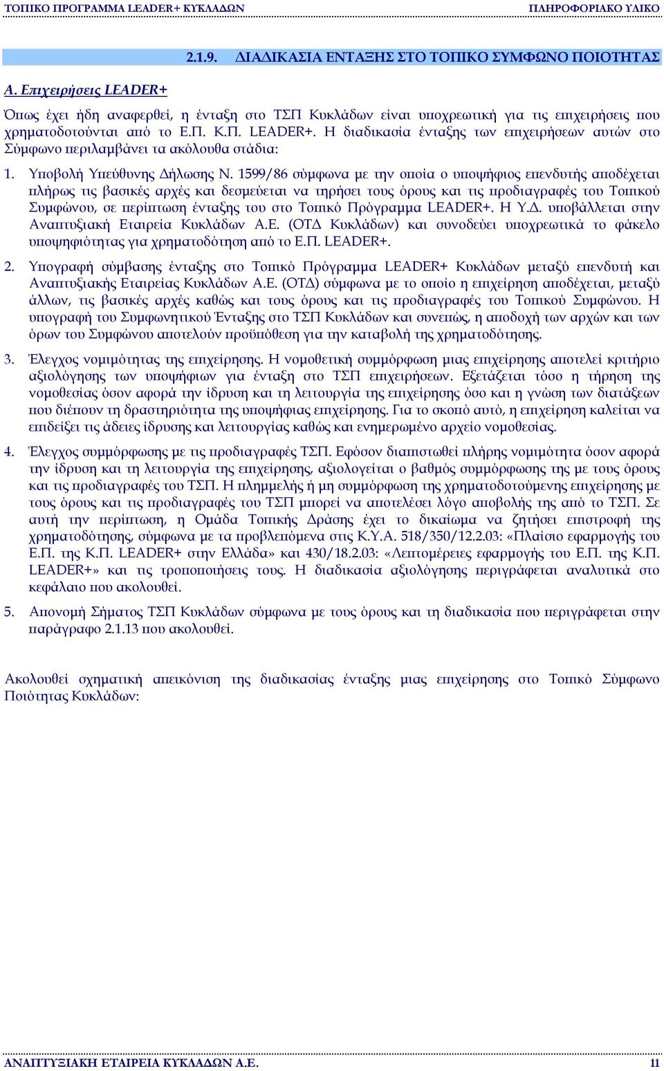 1599/86 σύµφωνα µε την οποία ο υποψήφιος επενδυτής αποδέχεται πλήρως τις βασικές αρχές και δεσµεύεται να τηρήσει τους όρους και τις προδιαγραφές του Τοπικού Συµφώνου, σε περίπτωση ένταξης του στο