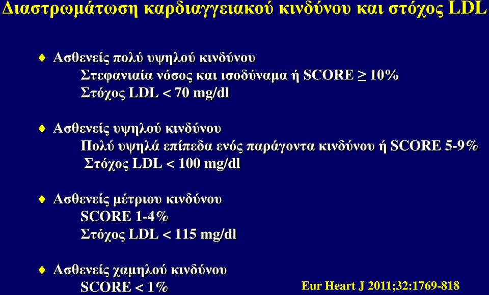 επίπεδα ενός παράγοντα κινδύνου ή SCORE 5-9% Στόχος LDL < 100 mg/dl Ασθενείς μέτριου κινδύνου