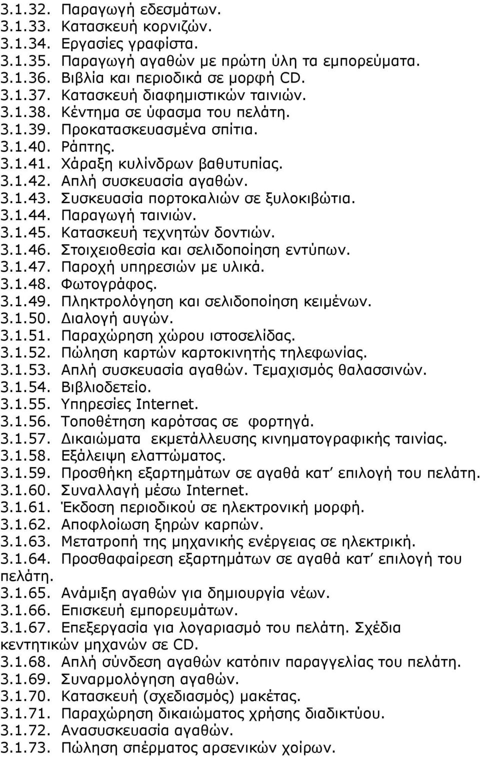 ΠπζθεπαζΫα πνξηνθαιηψλ ζε μπινθηβψηηα. 3.1.44. ΞαξαγσγΪ ηαηληψλ. 3.1.45. ΘαηαζθεπΪ ηερλεηψλ δνληηψλ. 3.1.46. ΠηνηρεηνζεζΫα θαη ζειηδνπνϋεζε εληχπσλ. 3.1.47. ΞαξνρΪ ππεξεζηψλ κε πιηθψ. 3.1.48.