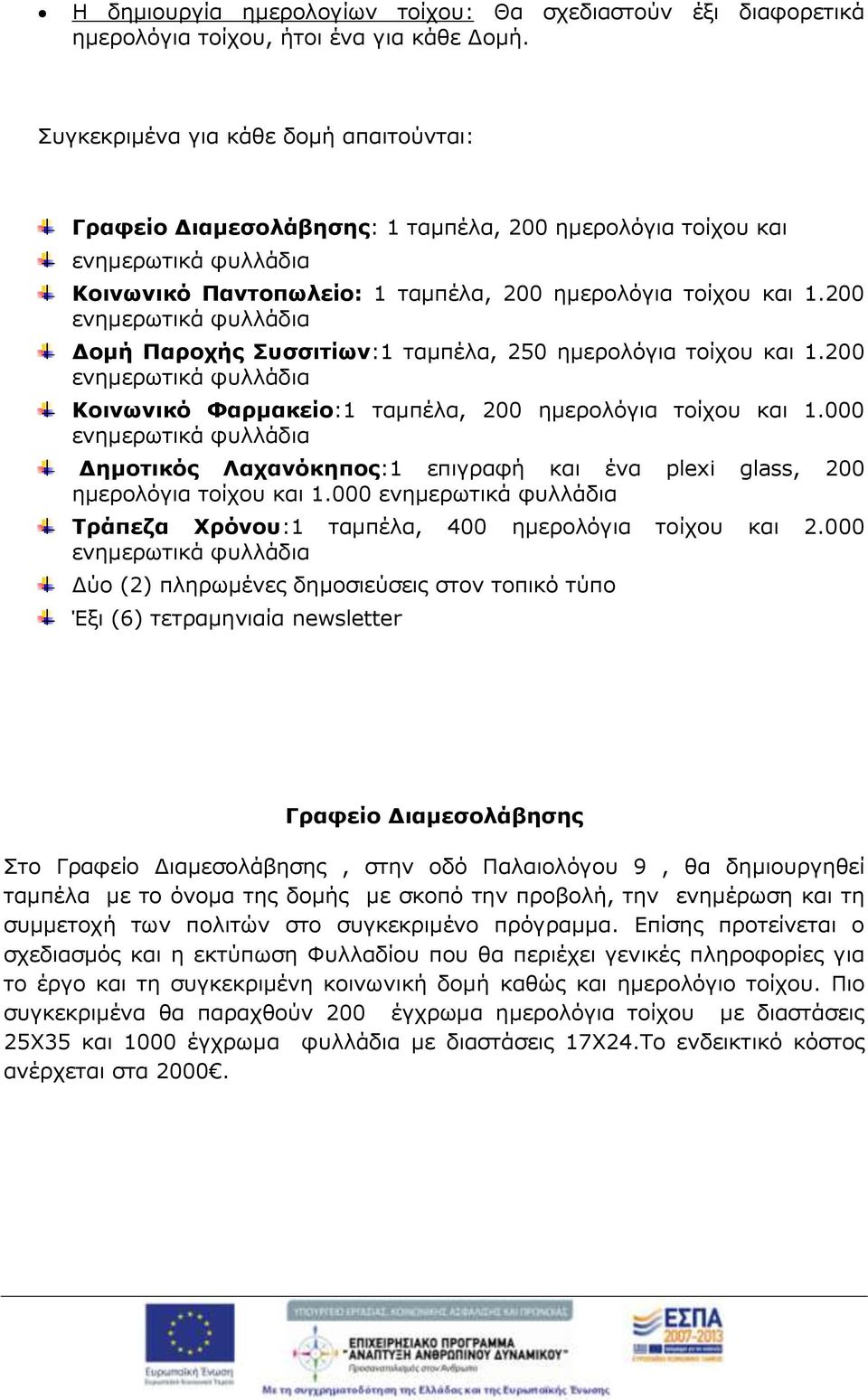 200 Δομή Παροχής Συσσιτίων:1 ταμπέλα, 250 ημερολόγια τοίχου και 1.200 Κοινωνικό Φαρμακείο:1 ταμπέλα, 200 ημερολόγια τοίχου και 1.