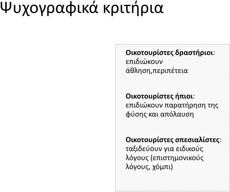 παρατήρηση της φύσης και απόλαυση Οικοτουρίστες