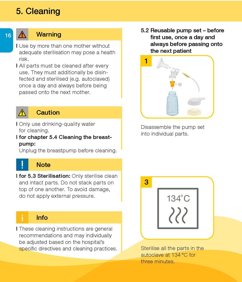 2 Reusable pump set before first use, once a day and always before passing onto the next patient 1 Caution l Only use drinking-quality water for cleaning. l for chapter 5.