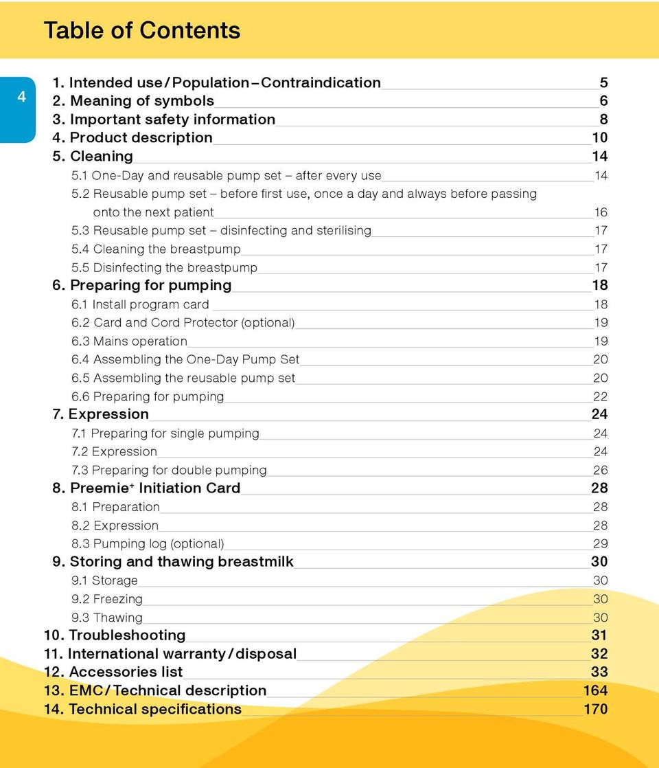 3 Reusable pump set disinfecting and sterilising 17 5.4 Cleaning the breastpump 17 5.5 Disinfecting the breastpump 17 6. Preparing for pumping 18 6.1 Install program card 18 6.