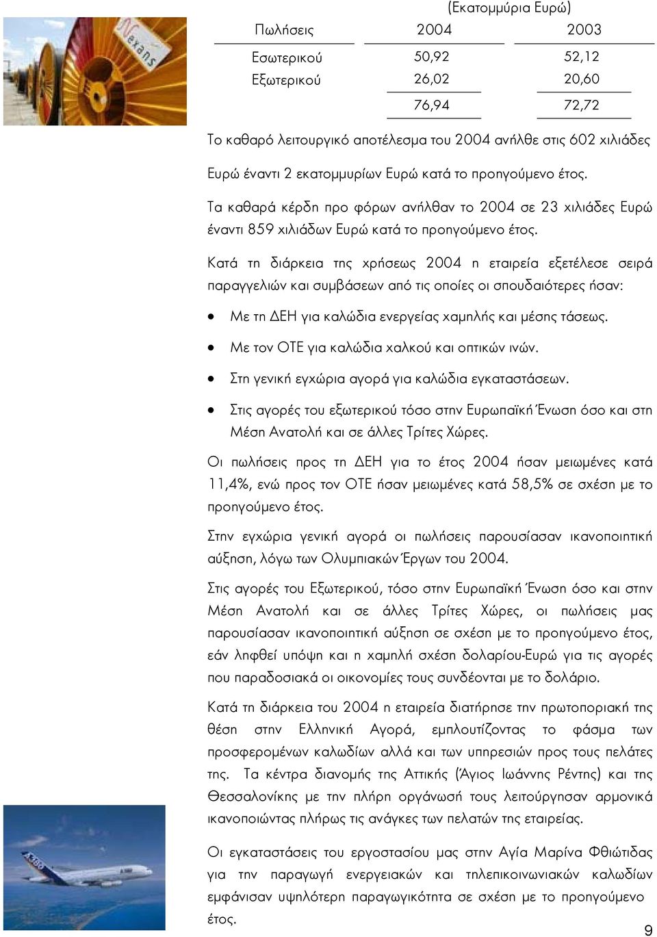 Κατά τη διάρκεια της χρήσεως 2004 η εταιρεία εξετέλεσε σειρά παραγγελιών και συµβάσεων από τις οποίες οι σπουδαιότερες ήσαν: Με τη ΕΗ για καλώδια ενεργείας χαµηλής και µέσης τάσεως.