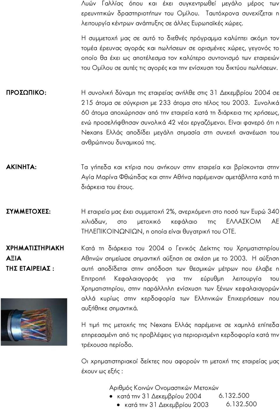 Οµίλου σε αυτές τις αγορές και την ενίσχυση του δικτύου πωλήσεων. ΠΡΟΣΩΠΙΚΟ: Η συνολική δύναµη της εταιρείας ανήλθε στις 31 εκεµβρίου 2004 σε 215 άτοµα σε σύγκριση µε 233 άτοµα στο τέλος του 2003.