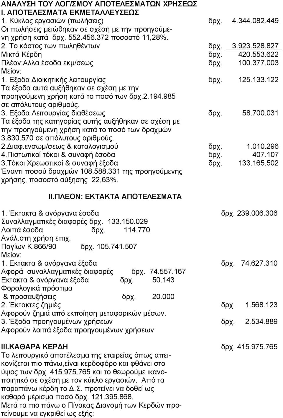 122 Τα έξοδα αυτά αυξήθηκαν σε σχέση µε την προηγούµενη χρήση κατά το ποσό των δρχ.2.194.985 σε απόλυτους αριθµούς. 3. Εξοδα Λειτουργίας διαθέσεως δρχ. 58.700.