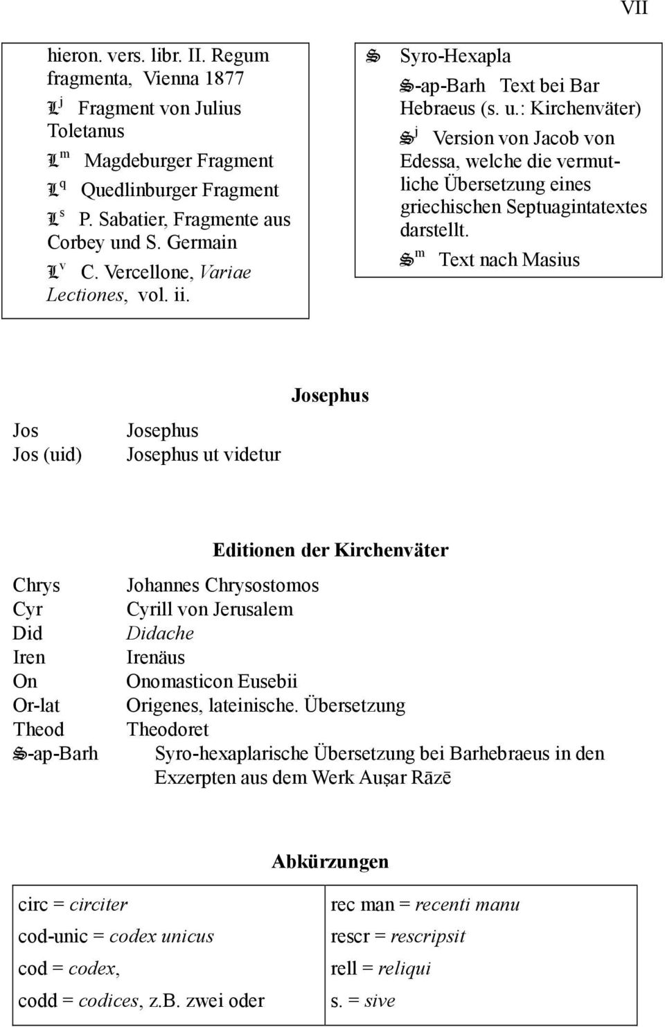 : Kirchenväter) S j Version von Jacob von Edessa, welche die vermutliche Übersetzung eines griechischen Septuagintatextes darstellt.