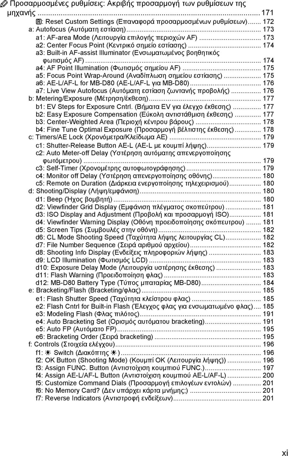 .. 174 a4: AF Point Illumination (Φωτισμός σημείου AF)... 175 a5: Focus Point Wrap-Around (Αναδίπλωση σημείου εστίασης)... 175 a6: AE-L/AF-L for MB-D80 (AE-L/AF-L για MB-D80).